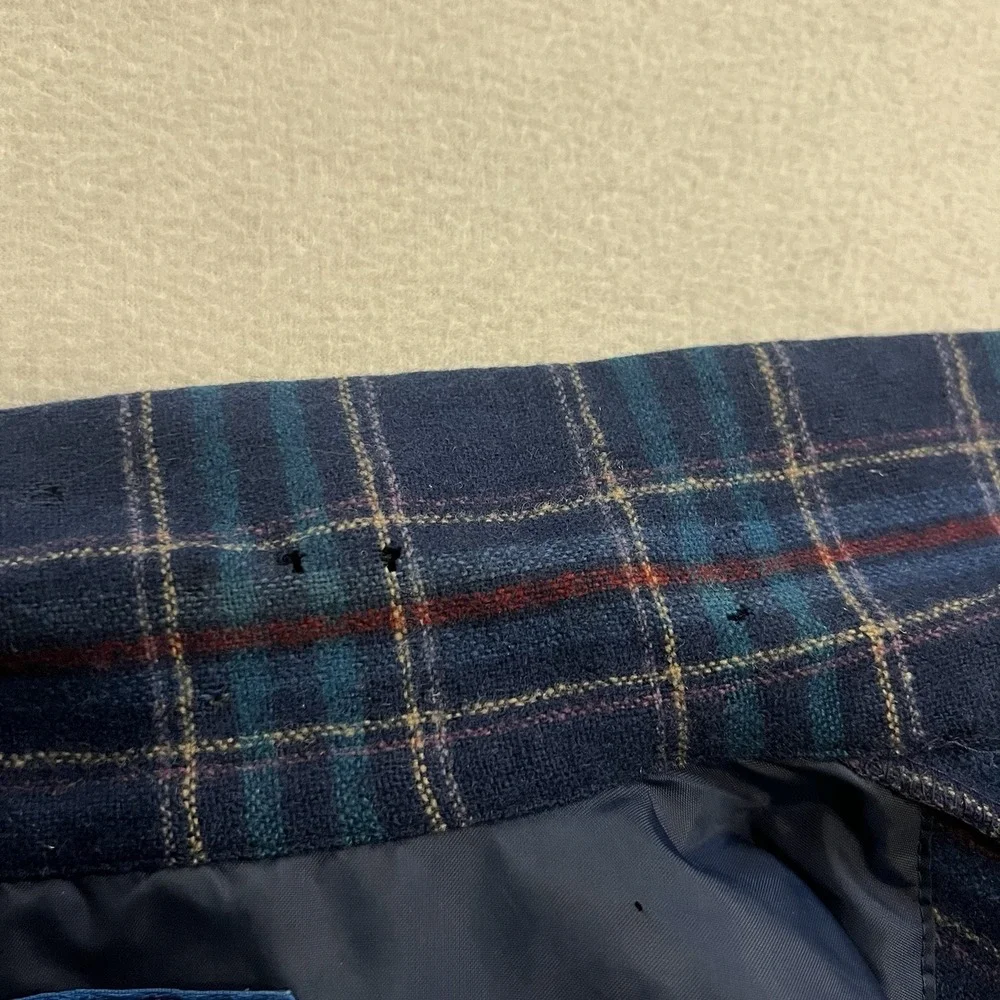 Vintage Pendleton Loop Collar Wool Shirt Men's Large Blue Plaid DAMAGED 60s 70s
